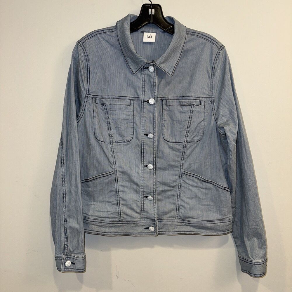 CAbi 5159 Locomotive Blue White Striped Stretch Denim Jean Jacket Women's‎ Large